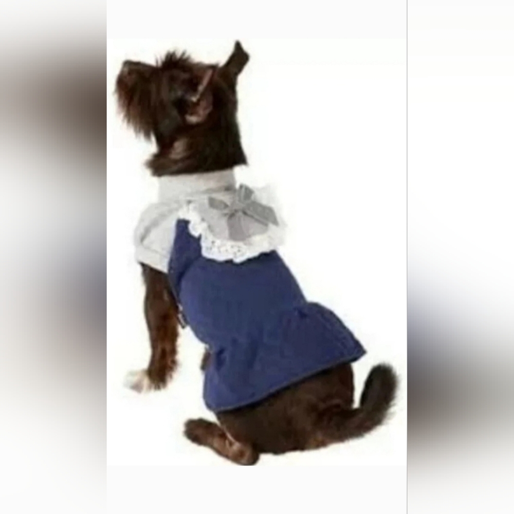 Dobaz Quilted Winter Dog Turtleneck Dress Navy Blue Gray Ruffles Medium NWT